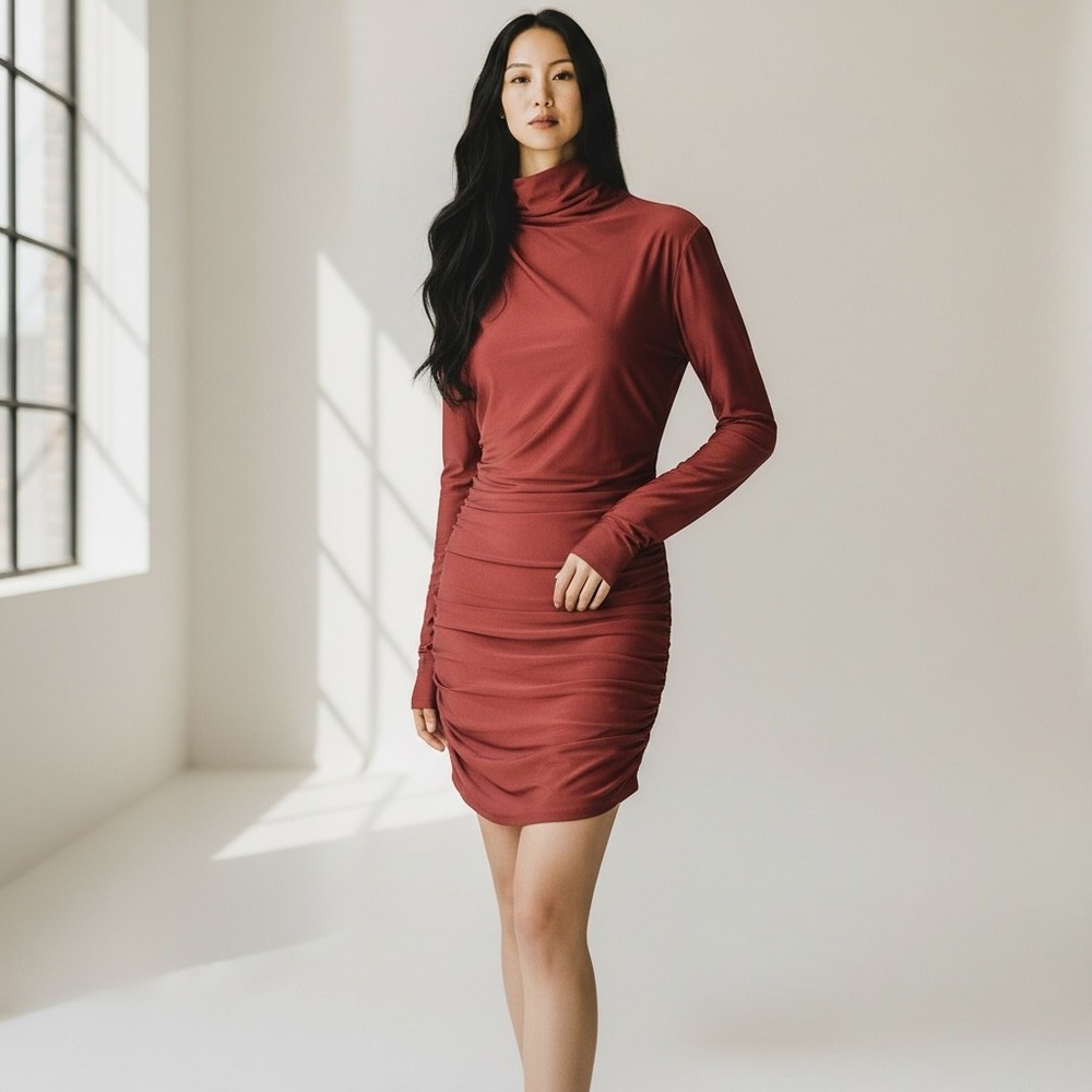 THE ANDAMANE Oleandra Turtelneck Dress 44 8 Bordeaux Ruched Mini Bodycon Italy